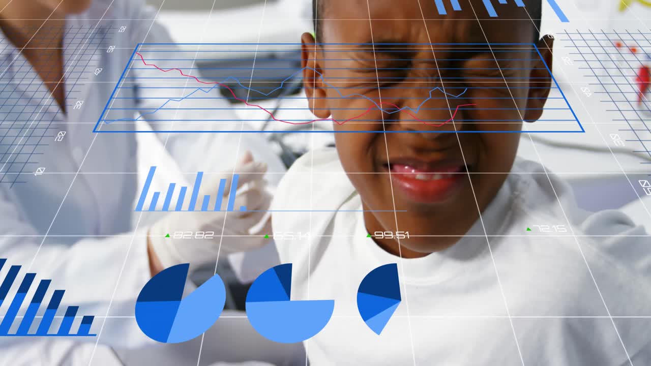 Statistical data processing against female doctor giving injection to boy