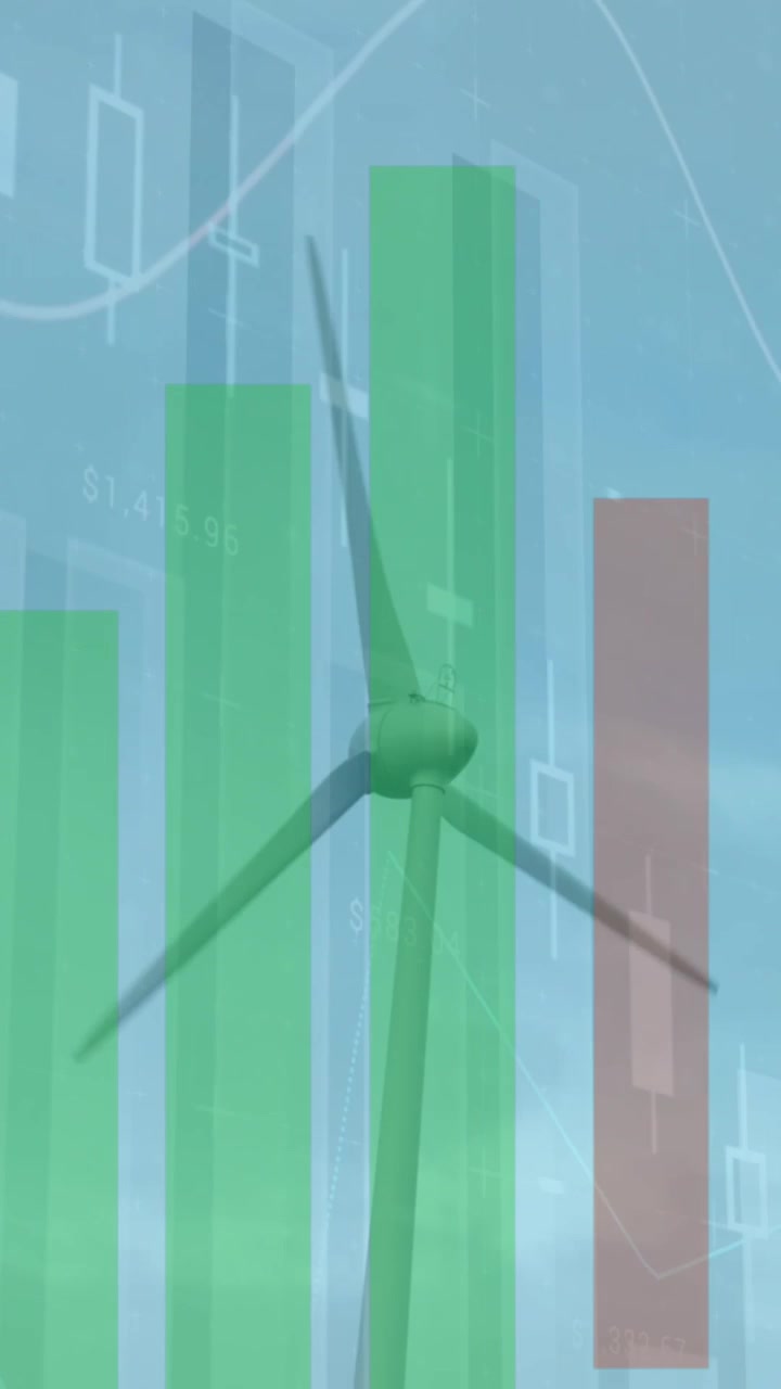 Animation of financial graphs over wind turbine