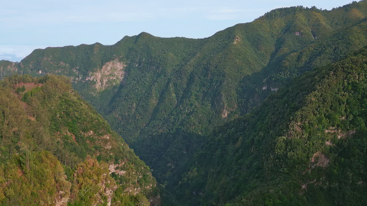 Scenic mountains overlook valleys in remote wilderness aerial. Verdant forest