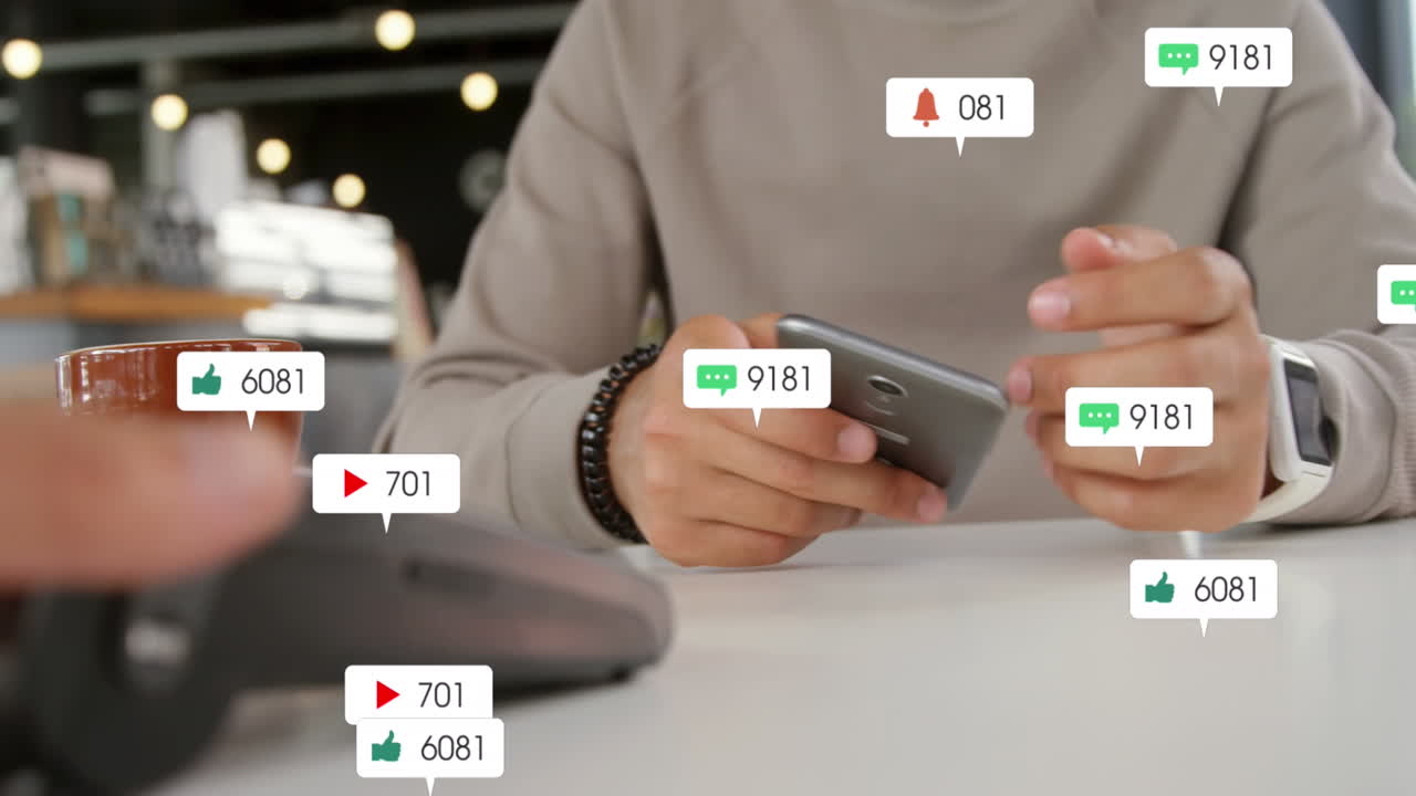 스마트워치를 사용하여 비접촉 결제를 하는 백인 남성에 대한 알림 바의 애니메이션