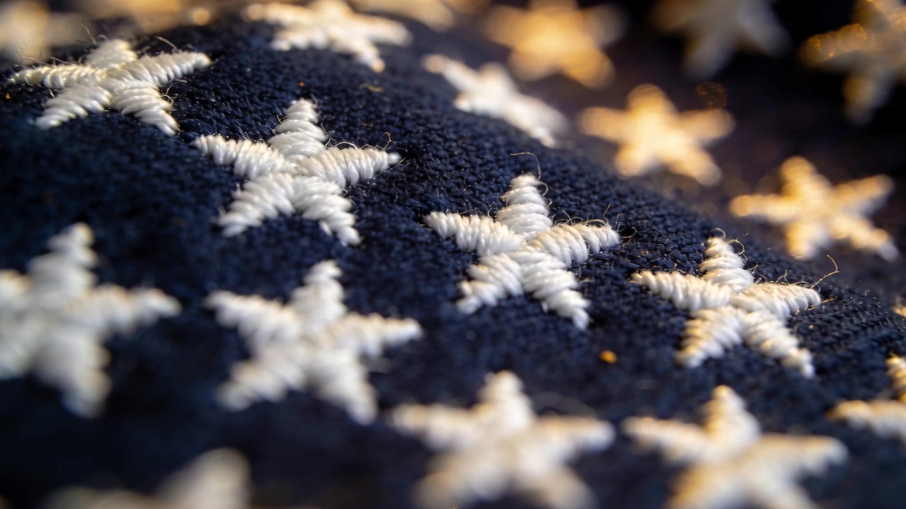 Telecamera con messa a fuoco variabile che rivela un tessuto blu navy con stelle bianche a cinque punte ricamate, mostrando il filo