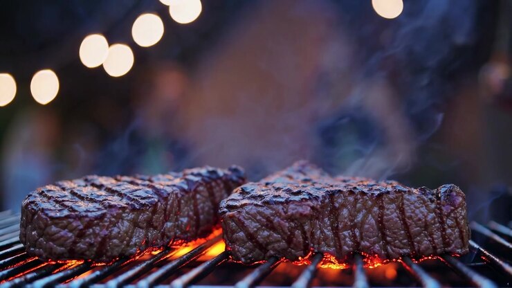 Two Thick Steaks Grilling Over Hot Coals at Night