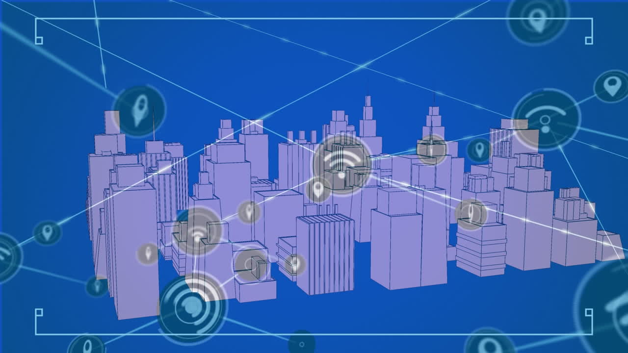 Animation of network of connections over digital city on blue background