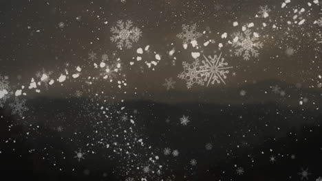 Animation-of-shooting-star-and-snow-falling-over-mountains-on-brown-background