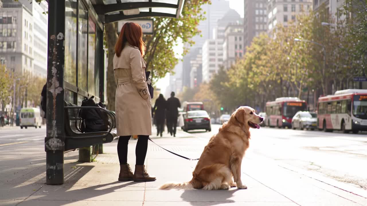 A Woman in a Beige Coat Waiting at a Bus Stop with Her Golden Retriever, Set Against a City Backdrop with Busy Streets and Urban Life