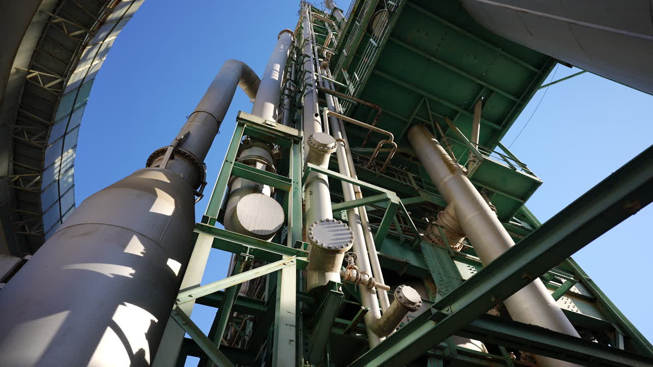 Expansive metal framework supporting network of industrial pipes and tanks, revealing intricate engineering infrastructure against pristine blue sky backdrop