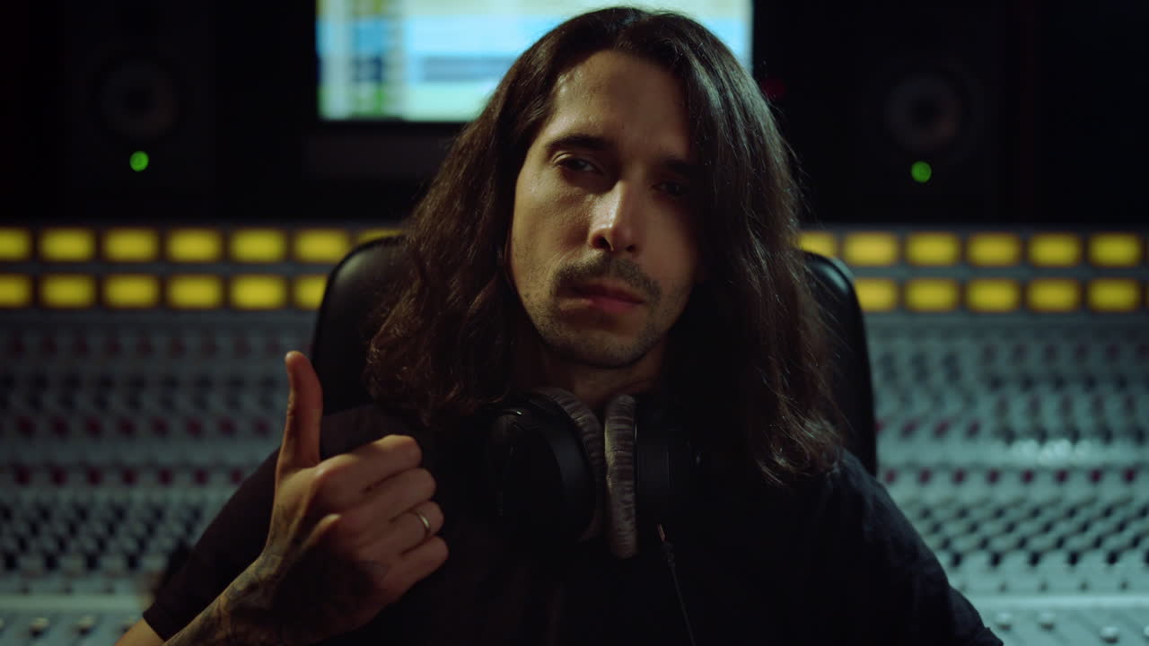 joven mirando a la cámara en el estudio de música. músico masculino enfocado disfrutando de la música.