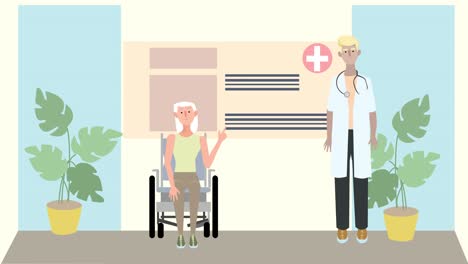 animation image of doctor and senior patient in wheelchair