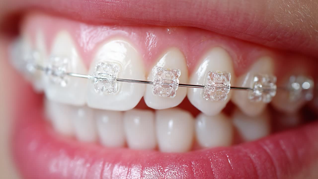 A Close-Up View of a Perfect Smile Featuring Clear Braces Highlighting Dental Aesthetics and Oral Health Care in a Bright and Inviting Setting