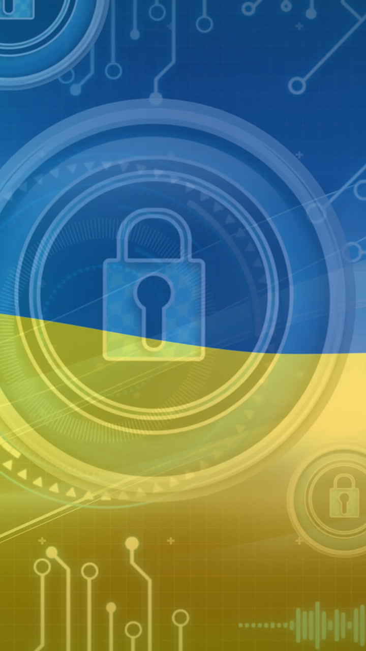 animación de circuitos integrados y candados sobre la bandera de ucrania