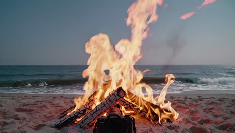 campfire on the beach with camera