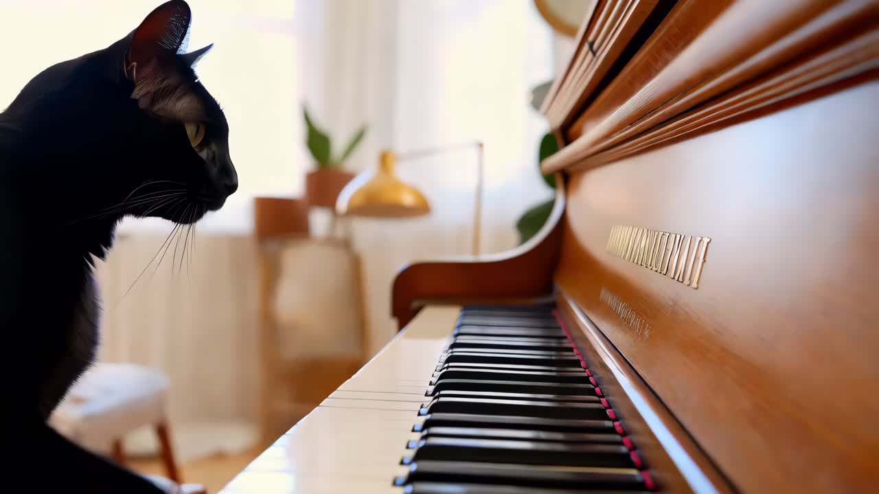 черная кошка играет на пианино