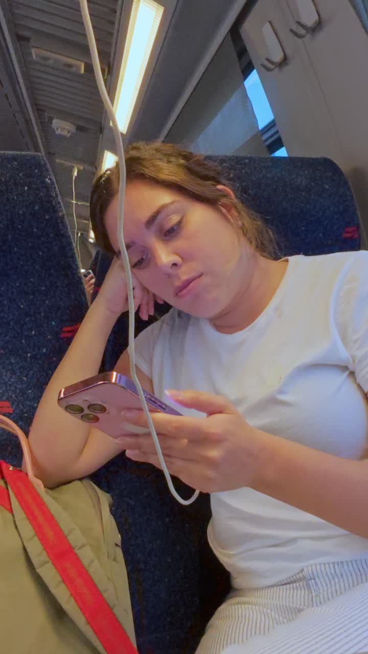 Bored or Tired Woman Scrolling on Her Phone While Traveling