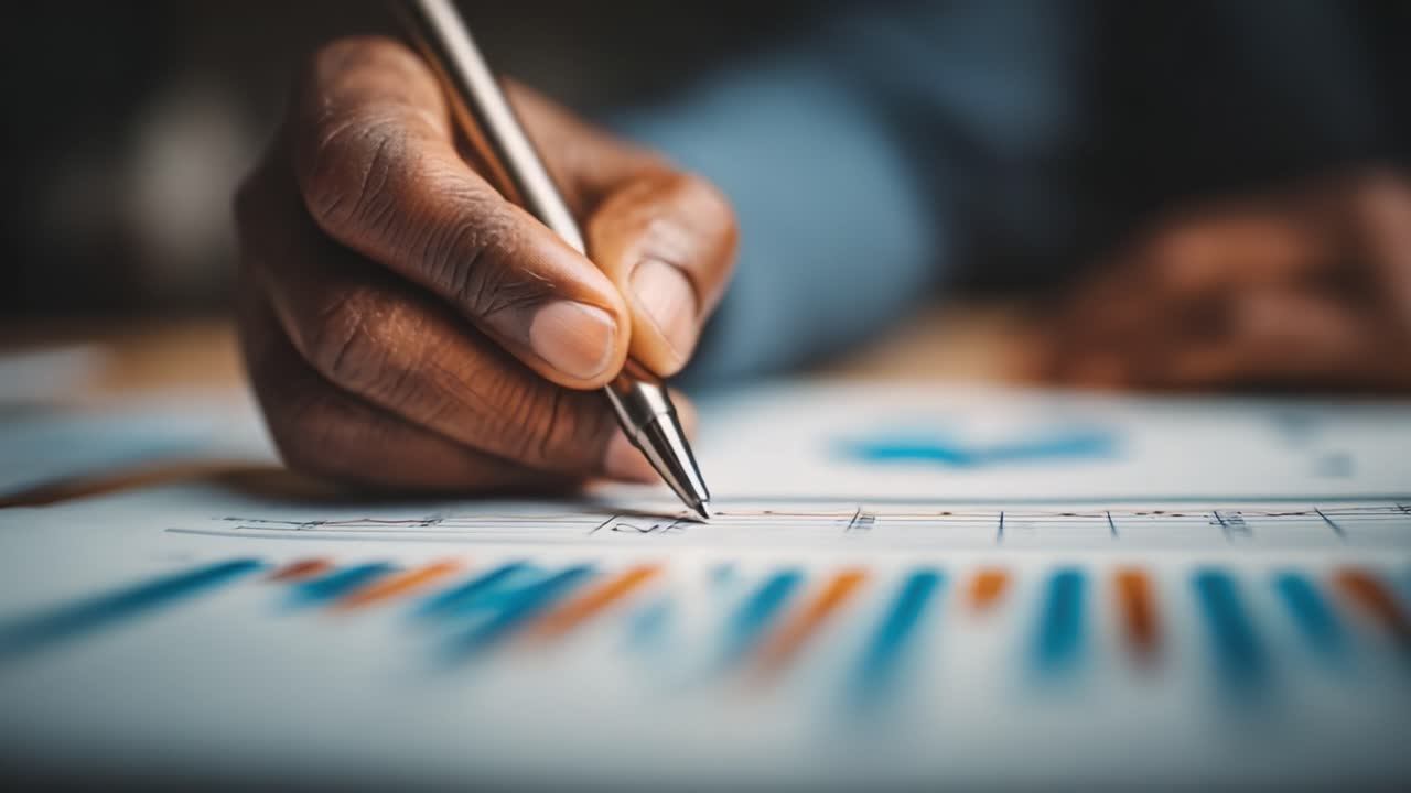 Analyzing Financial Data: A Close-Up of a Hand Holding a Pen While Preparing Charts and Graphs for Data Visualization and Interpretation