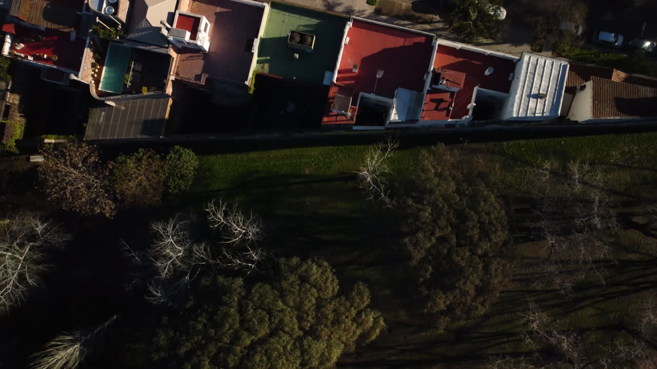vista de arriba hacia abajo del parque y los techos de la casa, primavera, el parque en los rayos del sol, los árboles están en flor y los árboles con ramas desnudas