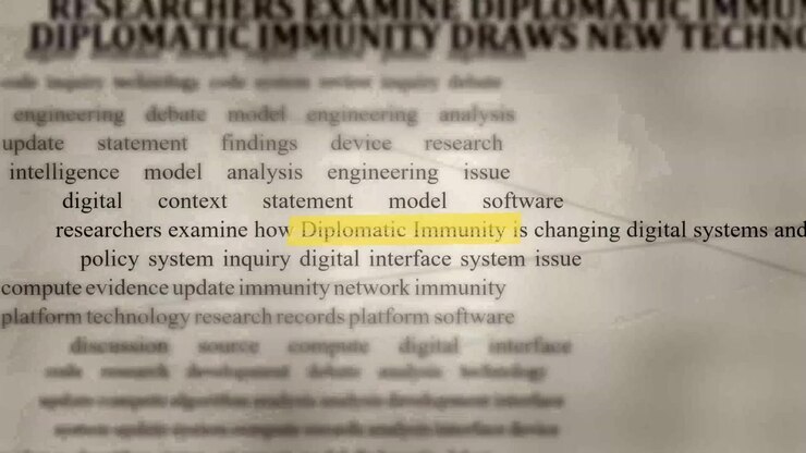 Highlighted Diplomatic Immunity text moves across dense research content about international policy systems technology and public affairs