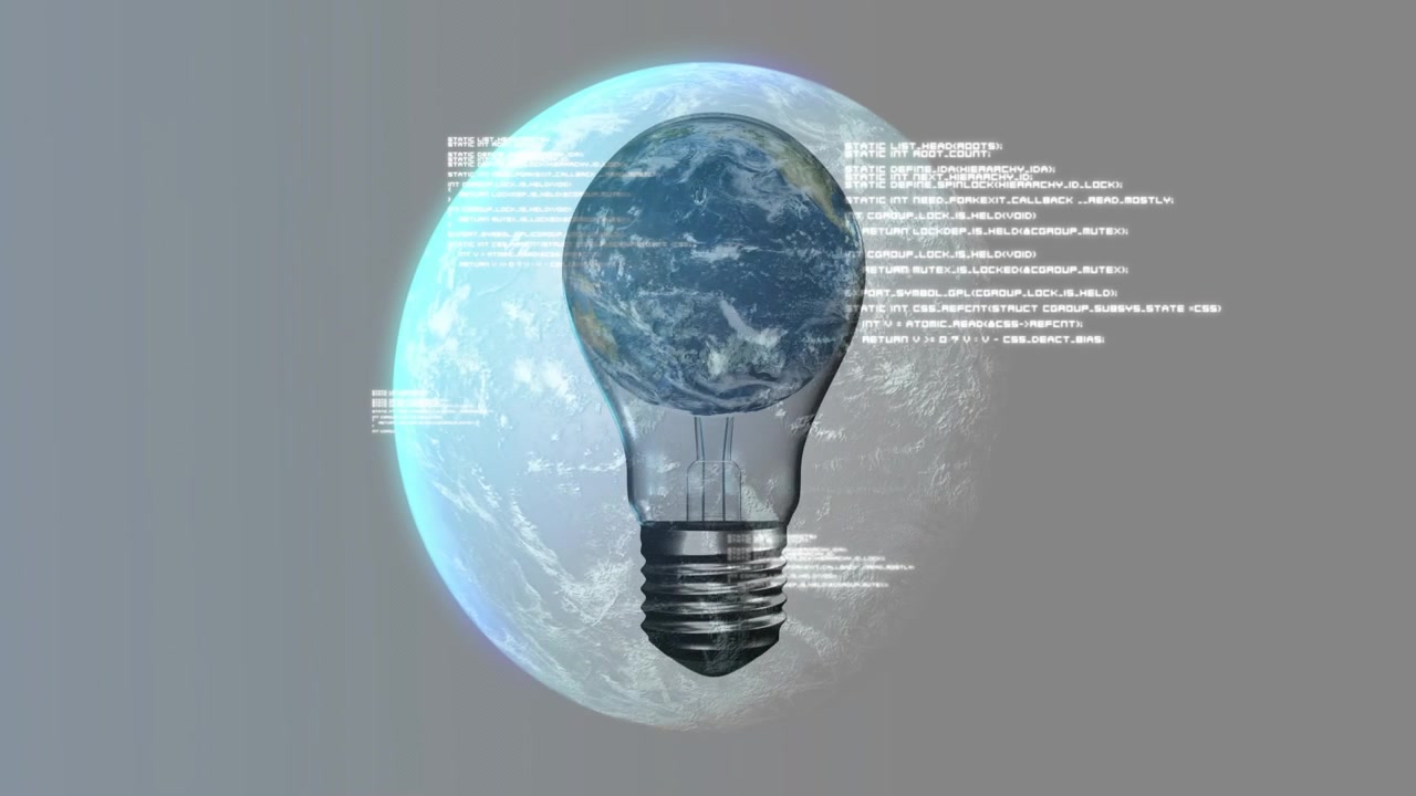 Ved start vises glasspære som holder Jorden, HUD-tekst glir, globus skifter og viser globale data.