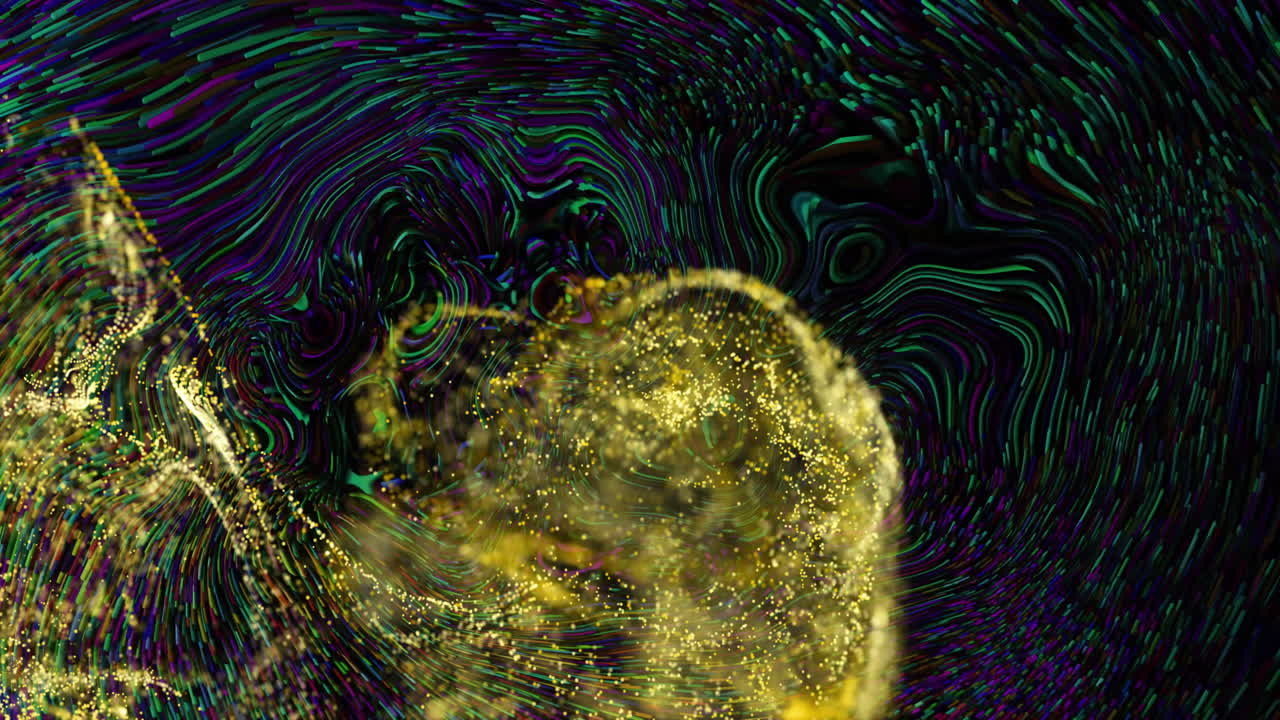 Animation of glowing yellow mesh moving over waving light trails background