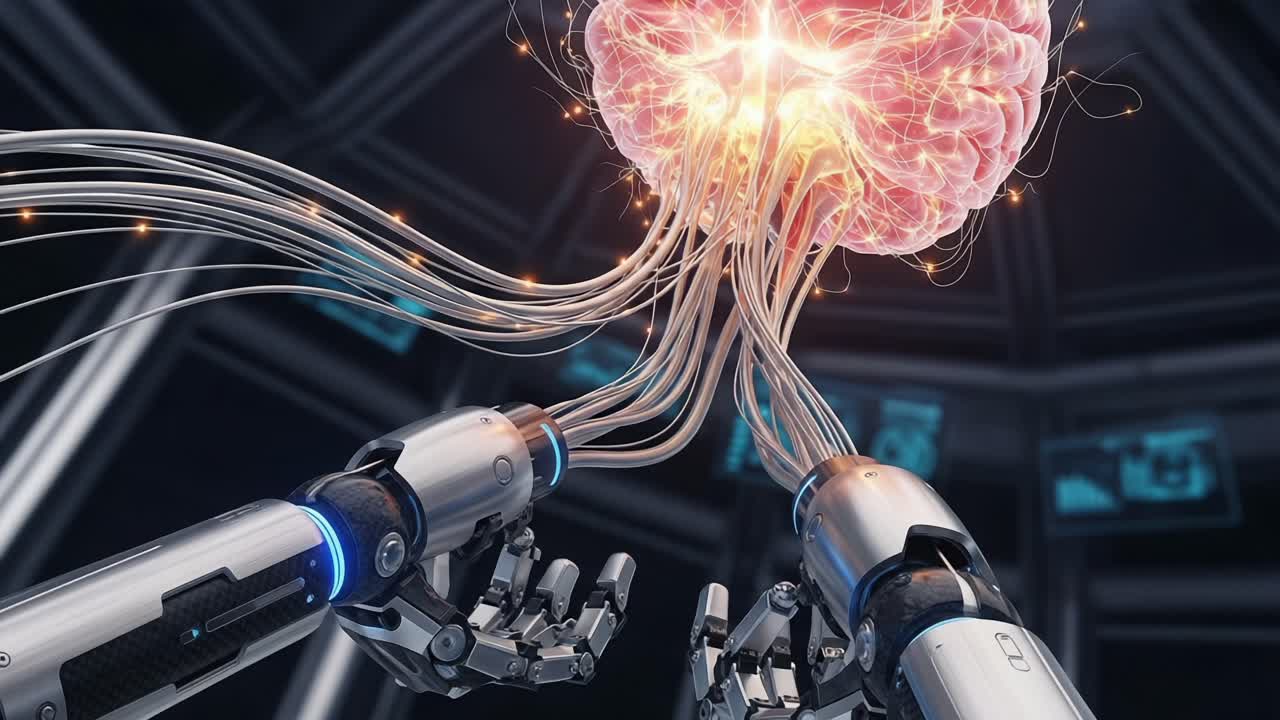 Futuristic Robots Interacting with an Evolving Brain: A Glimpse into Advanced Artificial Intelligence and Neural Connections