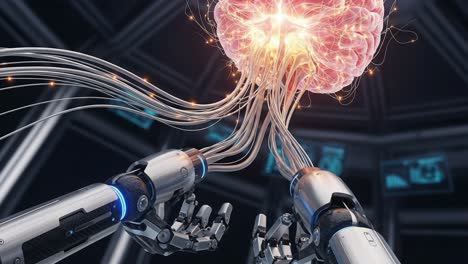 futuristic robots interacting with an evolving brain: a glimpse into advanced artificial intelligence and neural connections