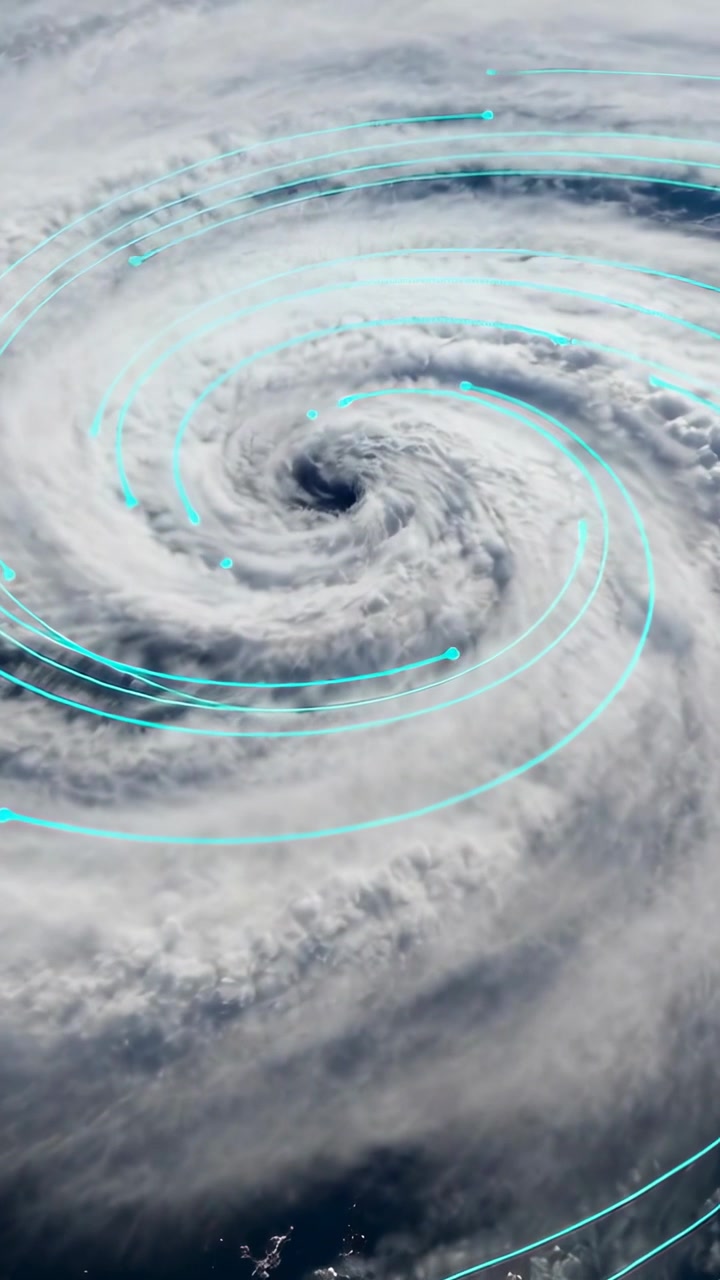 Lodret video: Satellitbillede starter, sporer linjer og markører, der viser strømmen omkring et cyklonøje.
