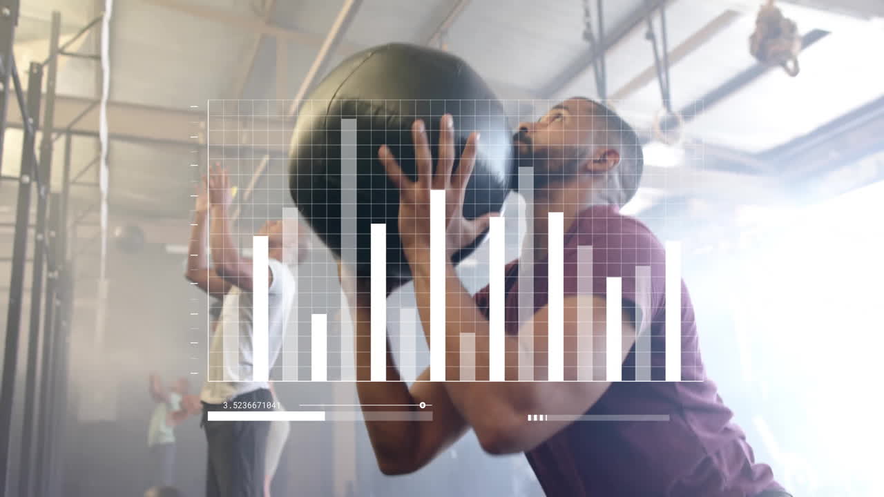 animación de procesamiento de datos financieros sobre diversas personas lanzando pelota de medicina en el gimnasio