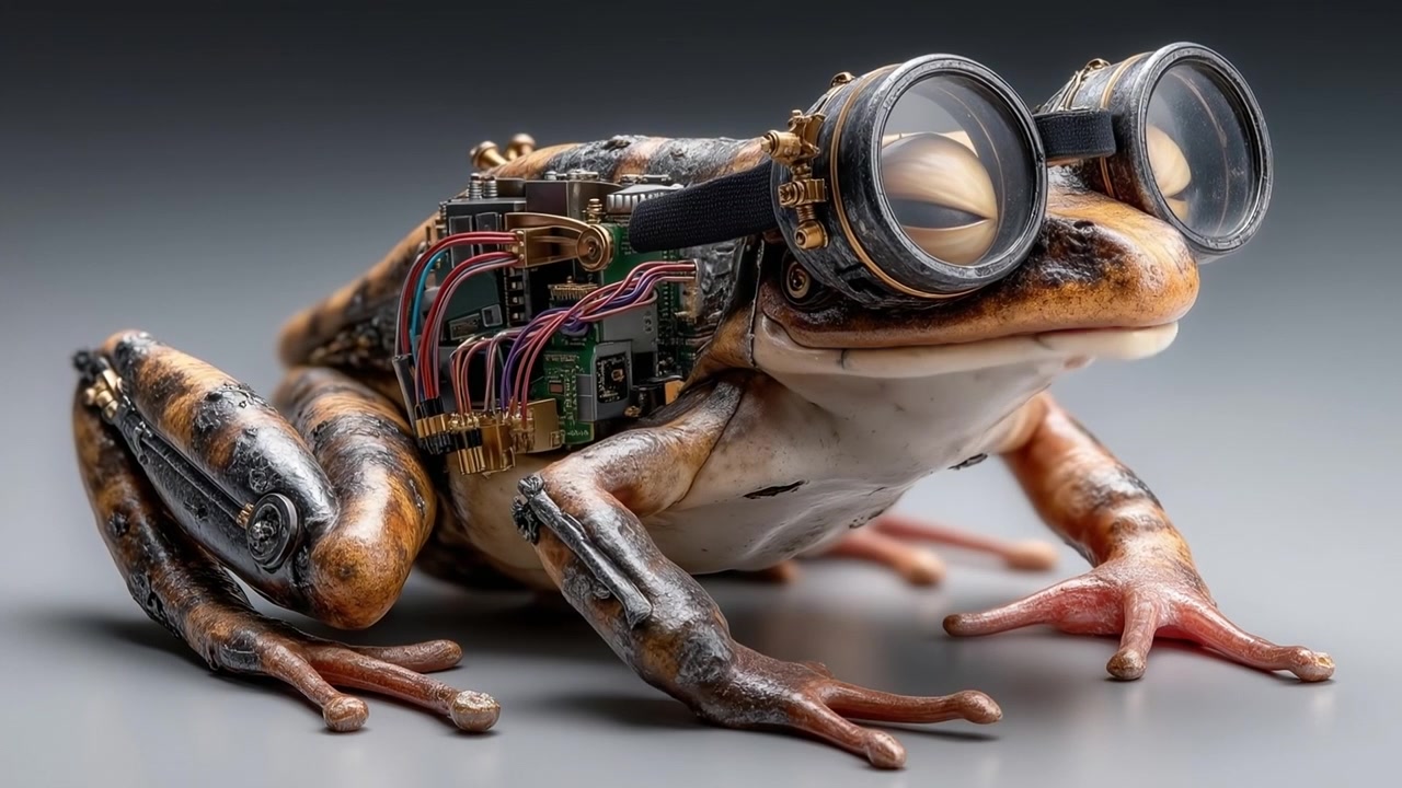 Indviklet mekanisk steampunk-frø med tandhjul og briller, der sidder på en ensfarvet grå overflade.