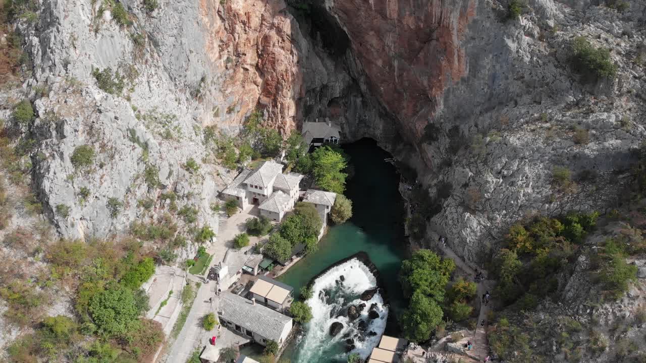 Aerial: Blagaj in Bosnia and Hercegovina. Approaching flight