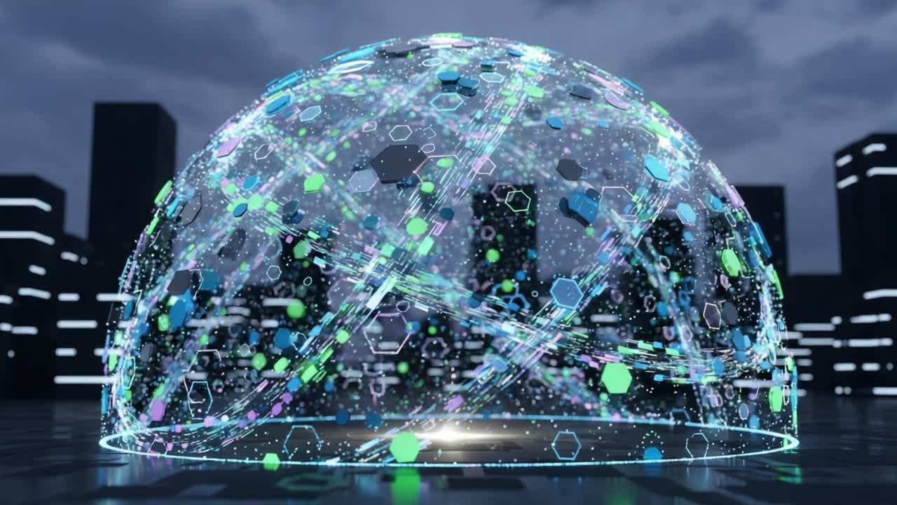 A Vibrant Cybernetic Dome: A Stunning Visualization of Data in Motion, Showcasing a Fusion of Colors and Geometric Patterns Against a Futuristic Cityscape