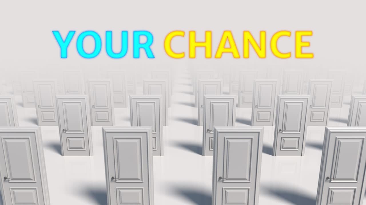 색 나무로 된 닫힌 문의 줄, 선택의 많은 방법, 사업 및 성공 개념, 문 홀 복도를 통해 이동, 3d 애니메이션 루프, 4k