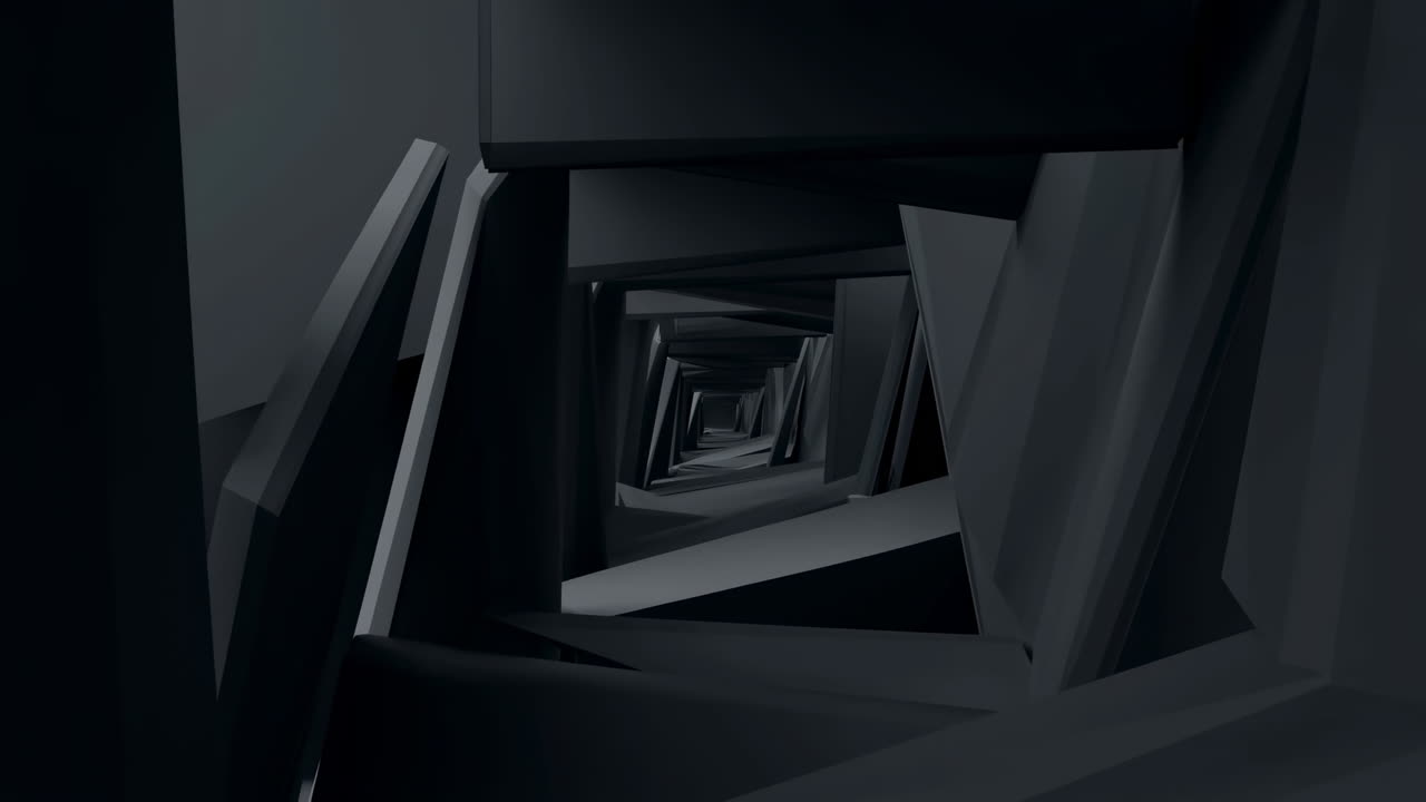 Przelatujący przez ciemny abstrakcyjny geometryczny tunel