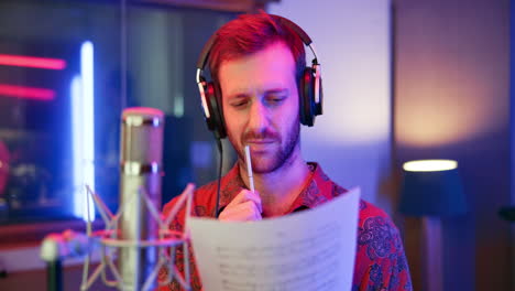 man recording music in studio with headphones and microphone