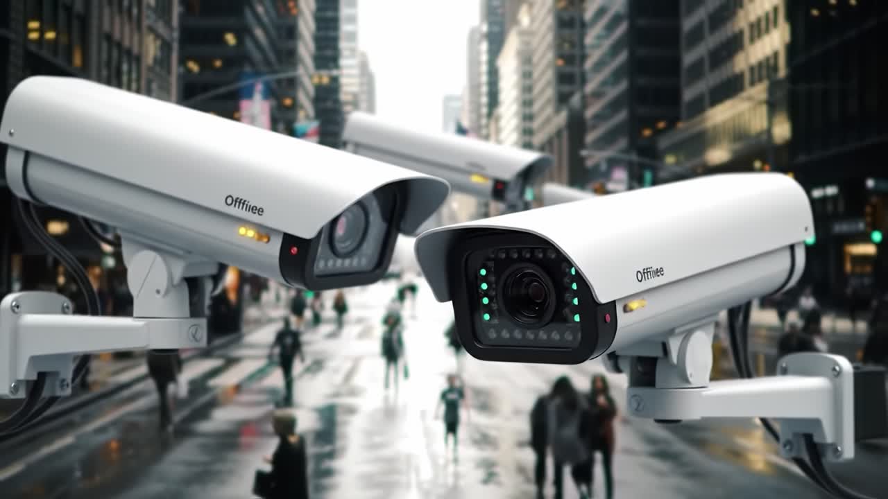 Two surveillance cameras capture a busy urban street, where pedestrians navigate among skyscrapers on a sunny day, highlighting city life and safety measures.