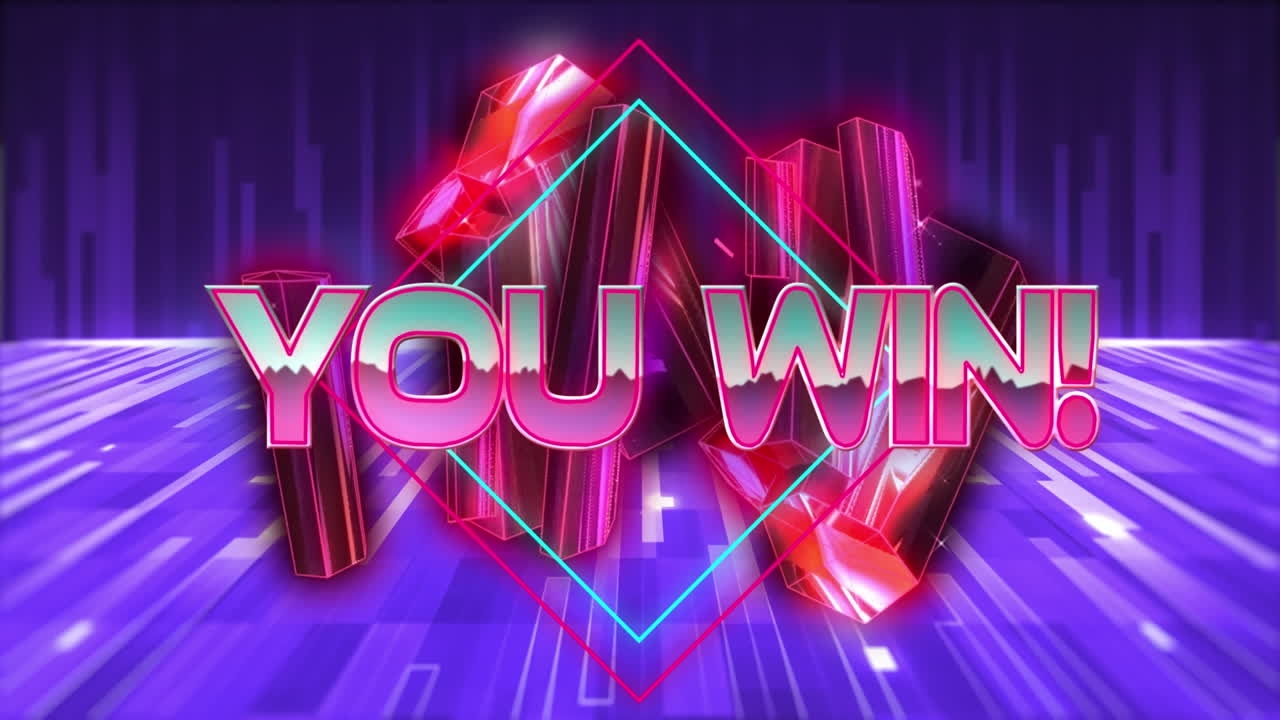 핑크색 크리스탈 모양과 파란색 빛의 흔적에 대한 텍스트 배너를 는 애니메이션