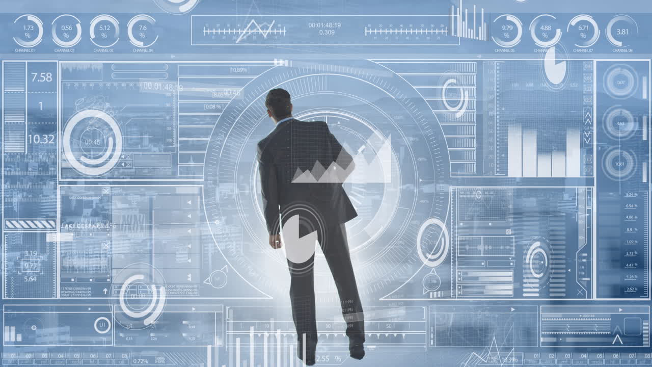 Animation of data processing and caucasian businessman over cityscape