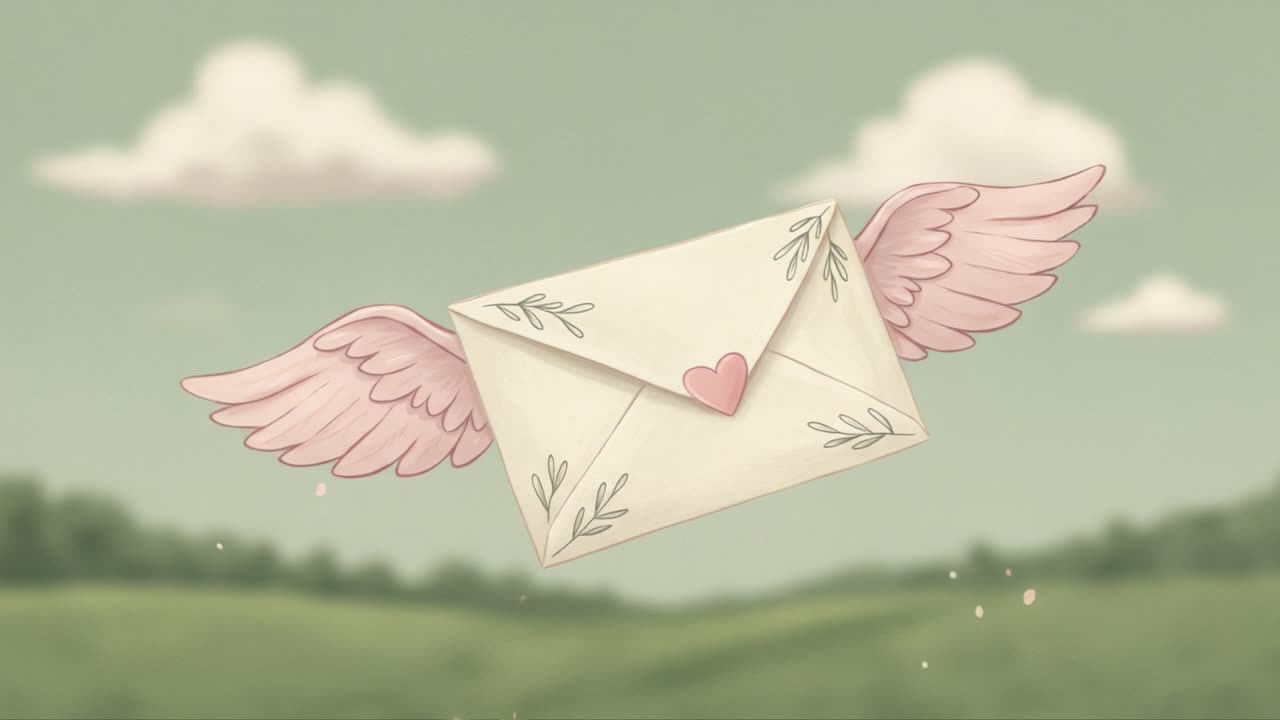 Whimsical Envelope with Wings: A Symbol of Love and Connection in a Serene Landscape with Soft Clouds and Gentle Greenery