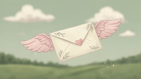 whimsical envelope with wings: a symbol of love and connection in a serene landscape with soft clouds and gentle greenery