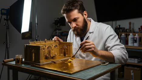 skilled artisan applying gold leaf detailing to intricate architectural model, capturing precision and craftsmanship in a studio setting with professional lighting