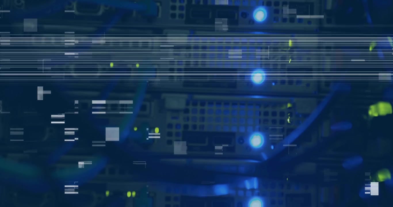 Animation of data processing and lines flickering over computer server