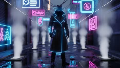 a mysterious figure in a neon-lit alley: a cyberpunk scene with steam and vibrant signs creating an atmospheric urban environment