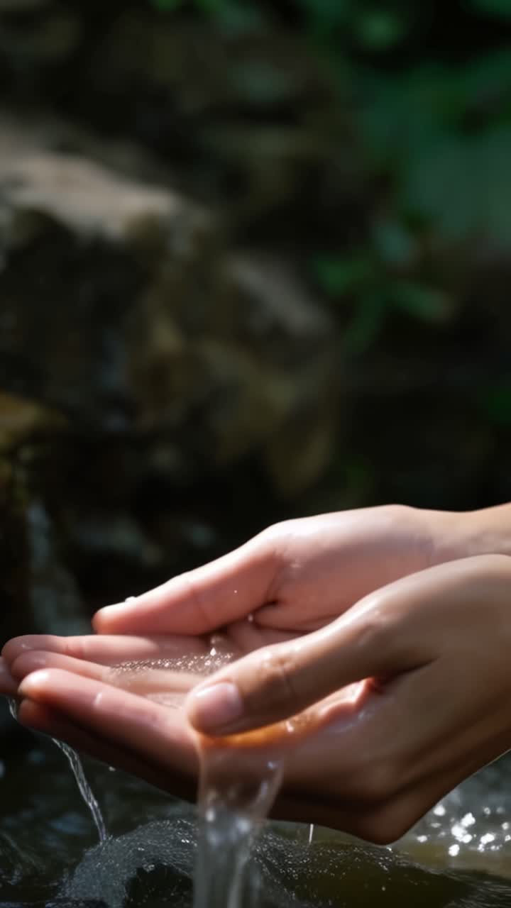 A Serene Moment: Glistening Hands Capturing Water from a Tranquil Stream, Showcasing the Beauty of Nature and the Simplicity of Life's Little Pleasures