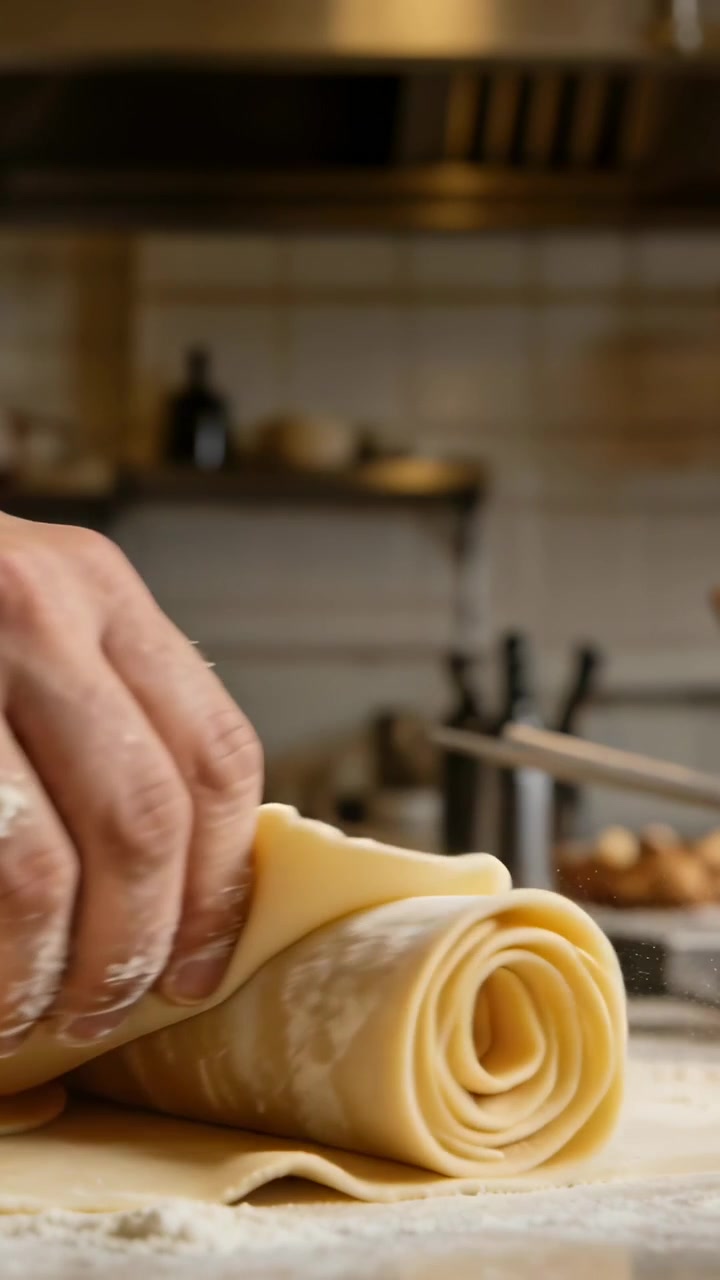 Video verticale: Mani infarinate afferrano il bordo dell'impasto e stendono la pasta sul bancone di casa per la cottura.