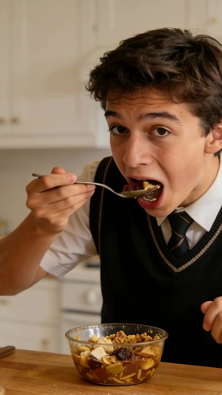 Vertical video: Scooping teen in uniform chewing morning snack at wooden counter, with glass bowl
