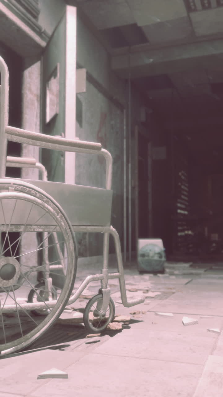 un pasillo abandonado del hospital con una silla de ruedas