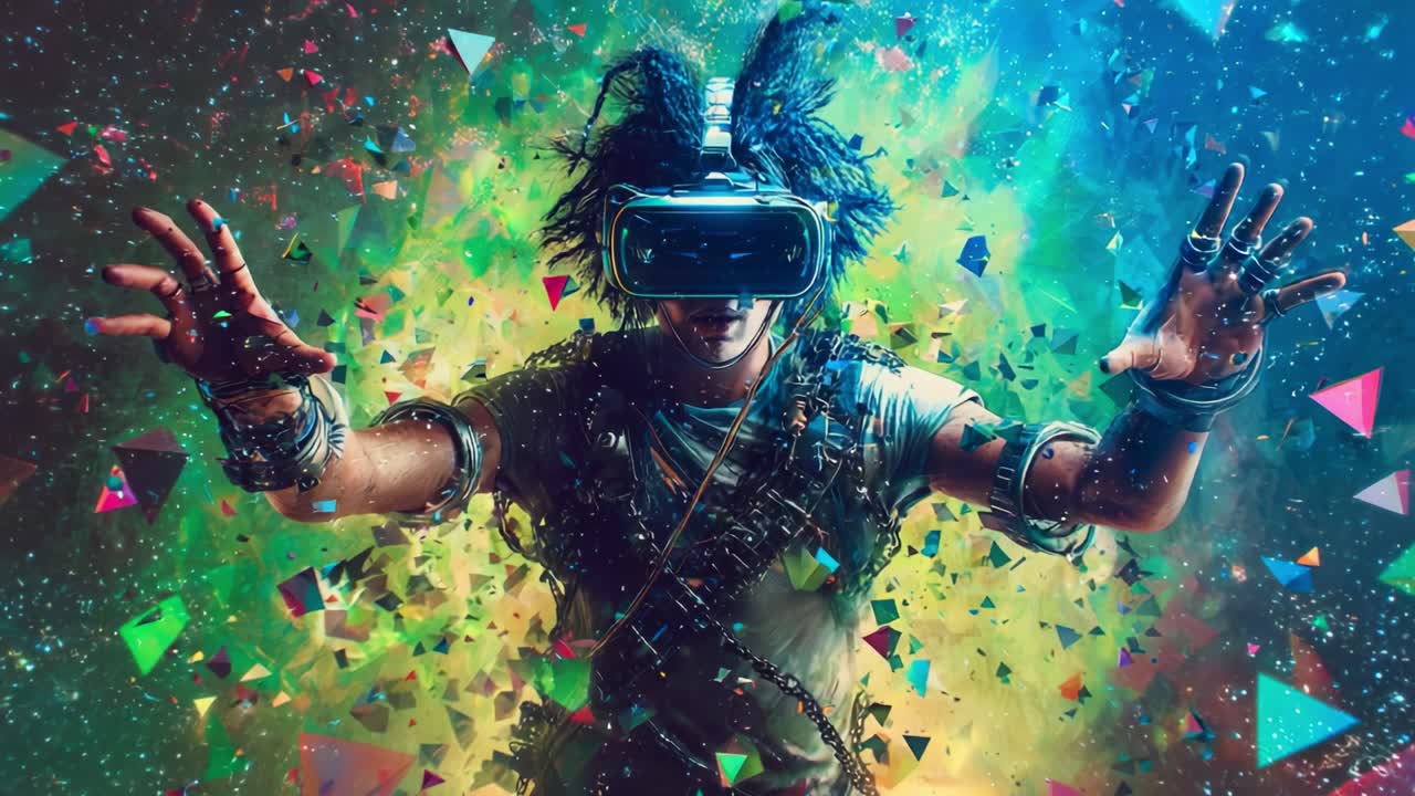 A futuristic depiction of a person immersed in virtual reality, experiencing an explosion of colors and geometric shapes, symbolizing the blending of digital and physical spaces through advanced technology