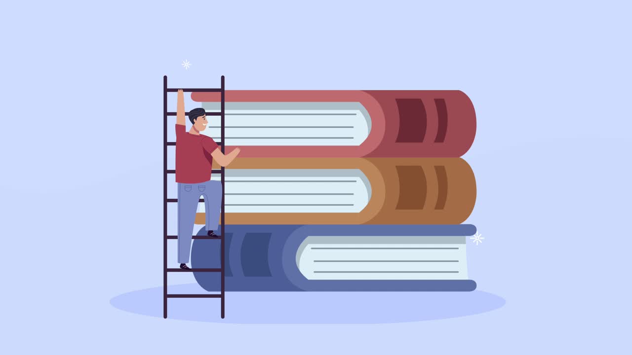 young student boy climbing stairs in books
