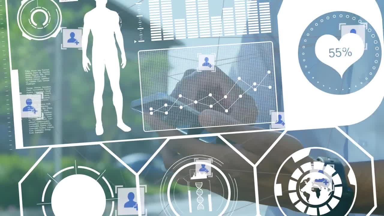 스마트 워치를 사용하는 두 인종 남자를 통해 디지털 데이터와 연결 네트워크의 애니메이션