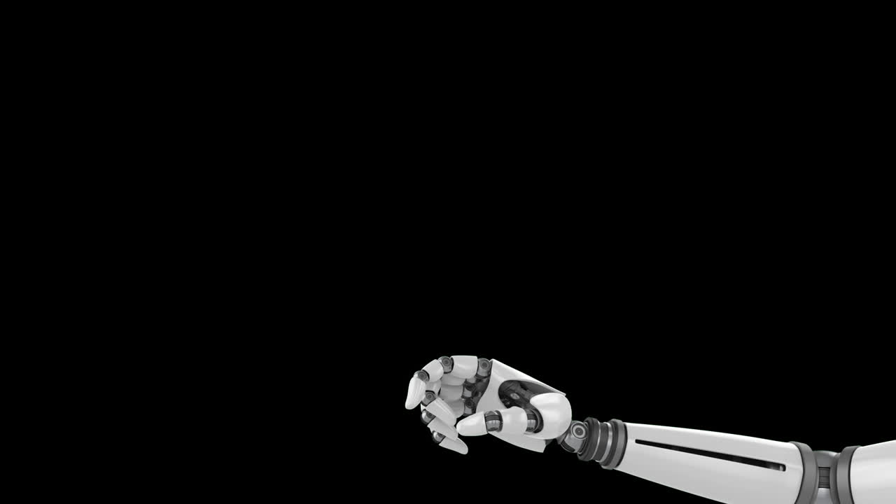 animación del brazo del robot con el dedo apuntando sobre formas caleidoscópicas púrpuras sobre fondo negro