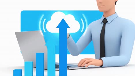 3d businessman at a laptop managing data with cloud computing technology service