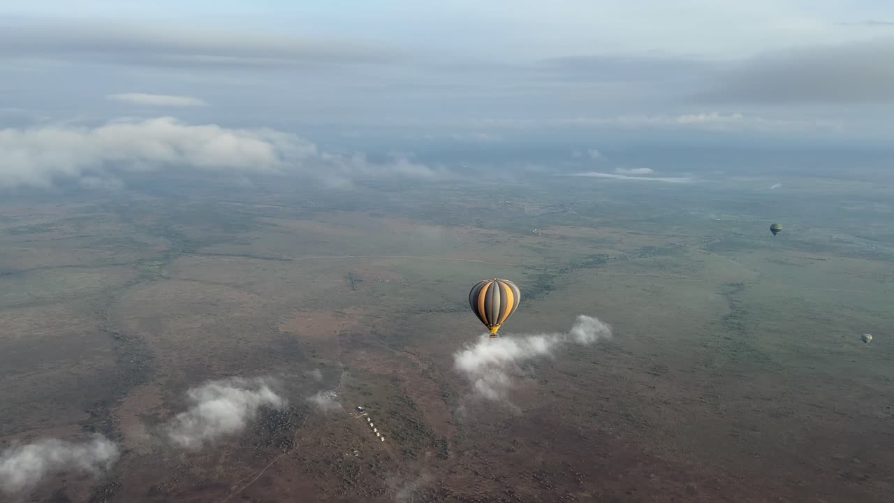 воздушные шары спускаются над саванной в национальном парке серенгети в танзании.